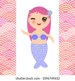 Kawaii Mermaid with pink hair cute kawaii girl, scales simple pattern Nature background with japanese wave. Vector 