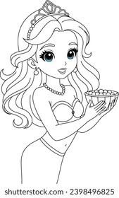 Kawaii mermaid princess collecting pearls in a basket coloring page 