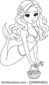 Kawaii mermaid princess collecting pearls in a basket coloring page 