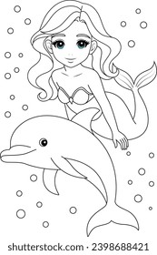 Kawaii mermaid princess and cute dolphin coloring page