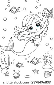 Kawaii mermaid princess playing with fishes coloring page