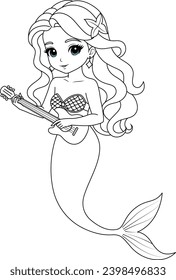 Kawaii mermaid princess playing the guitar coloring page