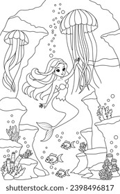 Kawaii mermaid princess playing with jellyfish coloring page