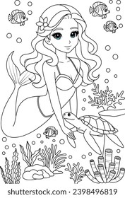 Kawaii mermaid princess playing with turtle coloring page