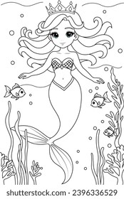 Kawaii mermaid princess under the sea coloring page