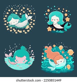 Kawaii mermaid set, underwater merperson people
