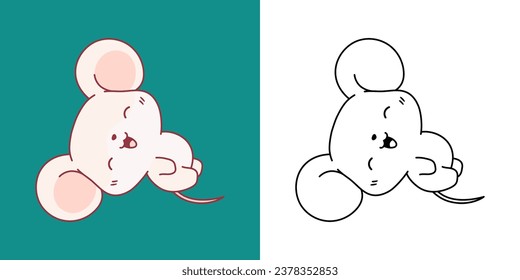 Kawaii Mice for Coloring Page and Illustration. Adorable Clip Art Baby Rat. Cute Vector Illustration of a Kawaii Pet for Stickers, Prints for Clothes, Baby Shower. 