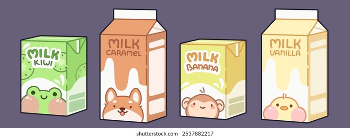 Caixa de cartão de leite Kawaii com design de personagem. Pacote de suco de anime bonito em estilo japonês asiático com macaco e cão shiba. Elemento de papelão adorável para desenho de banner de milkshake líquido de caramelo