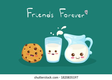 Kawaii Milk & Cookie with Friends Forever lettering. Milk glass & jug. Cute funny & happy breakfast characters. Adorable cartoon food vector illustration for cards, t-shirt print, stickers, posters.