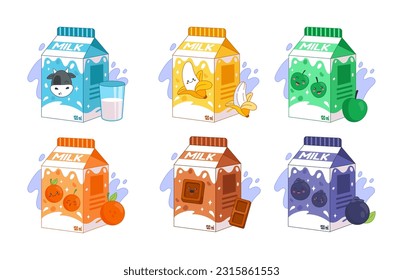 Kawaii milk drink. Cute chocolate box with straw. Face characters. Fruit stickers of beverage container. Breakfast dairy. Cardboard bottles. Yogurt products set. Vector cartoon clipart