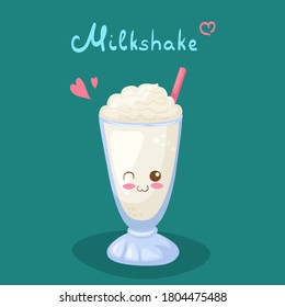 Kawaii Milkshake vector character isolated on dark background. Funny smiling sweet milky drink with foam. Cute food mascot illustration with lettering. Cafe menu, greeting card, fabric print design.