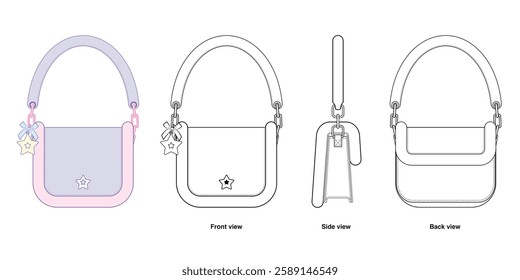 Kawaii mini Shoulder Bag Technical Fashion Illustration. Half-Moon Purse Vector Template. Front, Side, and Back View. Elegant and Cute Design. Women’s Accessories. CAD Mockup Set.