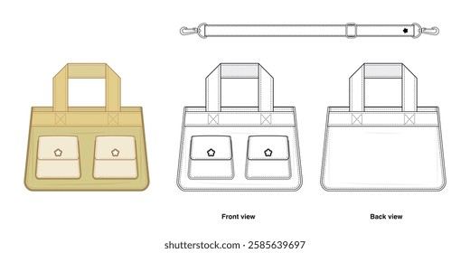 Kawaii Mini Tote Technical Fashion Illustration. Cute Shoulder Bag Vector Template. Front, and Back View. With Detachable Strap, and Flap Patch Pockets with Star Accents. CAD Mockup Set.