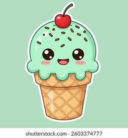 Kawaii Mint Ice Cream Flat Design Graphic