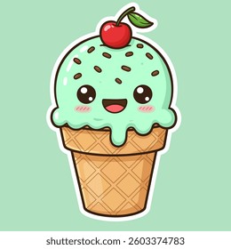 Kawaii Mint Ice Cream Flat Design Graphic