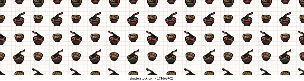 Kawaii miso soup Japanese meal seamless vector border. Hand drawn oriental ramen with nori and tofu. Seaweed soup all over print on stripe background. Asian recipe. 