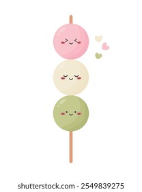 Kawaii mochi dango em uma vara. Sobremesa de bolo de arroz doce de dango Hanami. Comida wagashi doce japonesa