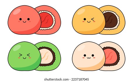 Kawaii-Mochi-Set mit lächelndem Gesicht und rosafarbenen Wangen einzeln auf weißem Hintergrund. japanischer Cartoon-Stil. 