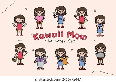 Kawaii Mom Character Illustration Vector Set