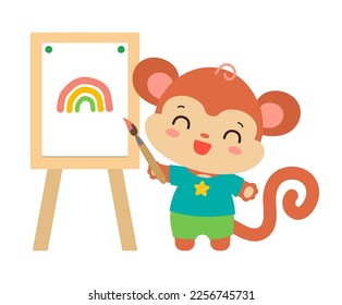 Kawaii monkey artist drawing with paint brush and easel. Art studies school subject. Funny student cute cartoon chimp. Kawaii animal holding brush standing by the easel and smiling. Art class sign.