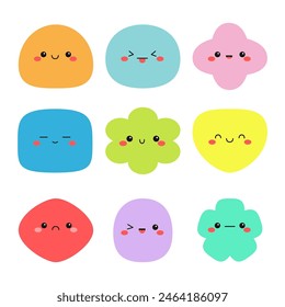 Kawaii monster face icon set. Happy Halloween. Different shape monsters. Cute cartoon funny baby character. Colorful silhouette. Sticker print. Eyes, cheeks mouth. Flat design. White background Vector