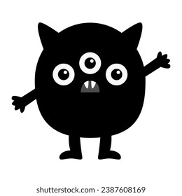 Monstruo Kawaii. Feliz Halloween. Monstruos de silueta negra. Cabeza de cara con orejas, colmillos. Caricatura graciosa niños boo personaje de bebé. Diseño de camisetas. Diseño plano. Fondo blanco. Ilustración del vector