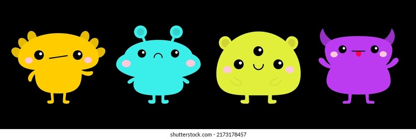 Kawaii monster icon set line. Happy Halloween. Cute cartoon funny baby character. Colorful silhouette. Sticker print. Eyes, horn, fang teeth tongue. Flat design. Black background. Vector illustration