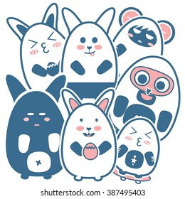 Kawaii monsters with skateboard. Stickers  Animals cartoon style. Easter rabbit and happy mouse vector illustration