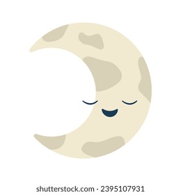 Kawaii moon crescent. Cute character for child. Smiling white partial moon with spots sleeps. Lunar crescent. Night luminary. Isolated. Neutral colors. Flat style. Vector illustration.