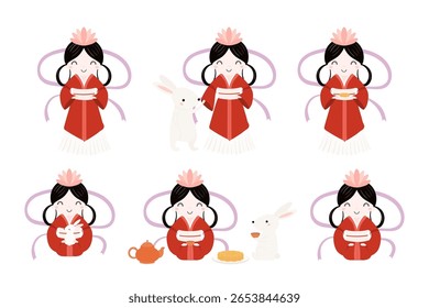 Kawaii moon goddess Chang e, rabbits, mooncake, isolated on transparent. Hand drawn flat vector illustration. Cute cartoon characters. Mid Autumn Festival design elements collection, clip art set