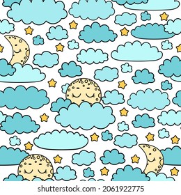 Kawaii moon pattern. Full moon, yong moon, stars, clouds print. Cute set of night icons. Night children background. Cartoon moon face backdrop. Color pastel heavenly body. Bedtime stories  texture.