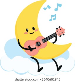 Kawaii Moon Playing Ukulele on Cloud – Cute Vector Character Illustration