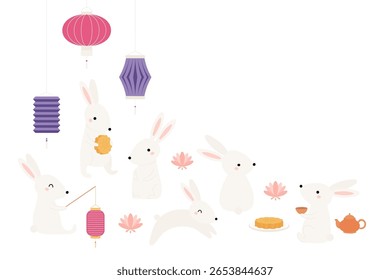 Kawaii moon rabbits, mooncake, Chinese lantern, isolated on transparent. Hand drawn flat vector illustration. Cute cartoon characters. Mid Autumn Festival design elements collection, clip art set