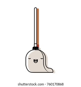 kawaii mop with wooden stick in colorful watercolor silhouette