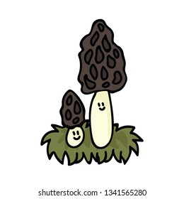 Kawaii morel cartoon character vector illustration motif set. Hand drawn edible fungi elements clipart for wild food foraging blog, mushroom graphic, woodland web buttons.