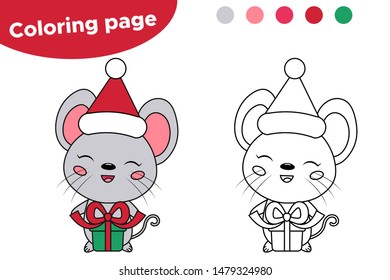 Kawaii mouse with gift. Merry Christmas. Coloring page for children. Chinese New Year symbol - rat. Cute vector rodent.