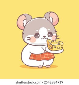 Ratón kawaii sosteniendo queso lindo animal del carácter