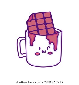 Kawaii mug with chocolate bar inside, illustration for t-shirt, sticker, or apparel merchandise. Doodle, retro, and cartoon style.