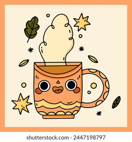 Kawaii mugs.  Vector design template.  Childish print for cards, stickers, decoration.