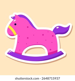 Kawaii multicolored toy rocking horse. Kid's sticker drawn in bright neon colors.