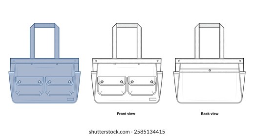 Kawaii Multi-Pocket Tote Technical Fashion Illustration. Large Shoulder Bag vector template. Star Snap Buttons. Stylish and Functional. Denim blue. CAD Mockup Set.