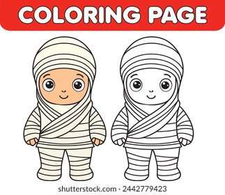 kawaii mummy coloring page, Cute smiling Halloween line character for kids