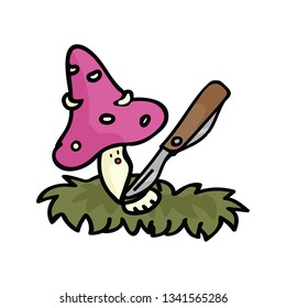 Kawaii mushroom character hunting cartoon vector illustration motif set. Hand drawn edible fungi elements clipart for wild food foraging blog, toadstool graphic, woodland web buttons.