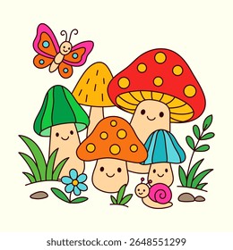 Kawaii Mushroom Family with Butterfly and Snail