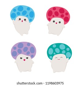 Kawaii mushrooms characters Asian style vector illustration set or collection of cute edible mushrooms with faces and expressions happy, angry, evil, nice 