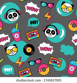 kawaii musical background with funny panda bears for print, textile, wallpaper