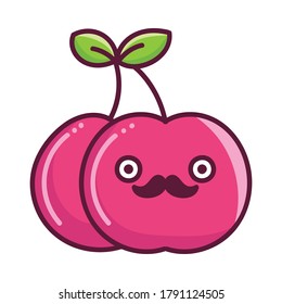 kawaii mustache cherry fruit cartoon illustration isolated on white background