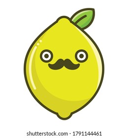 kawaii mustache lemon fruit cartoon illustration isolated on white background