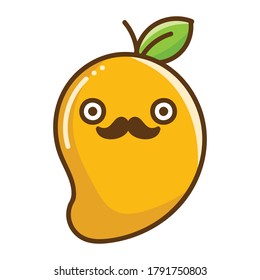 kawaii mustache tropical mango fruit cartoon illustration isolated on white background