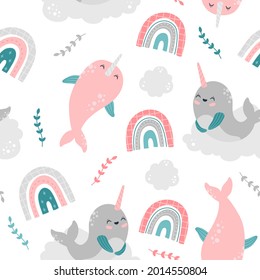Kawaii narwhal and colored rainbow seamless pattern, cute baby whale characters. Sea life, ocean animals with horn, modern trendy vector flat cartoon illustration on white background, repeat design